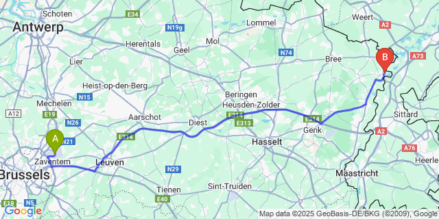 Map: Brussels Zaventem Airport (BRU) to Aldeneik