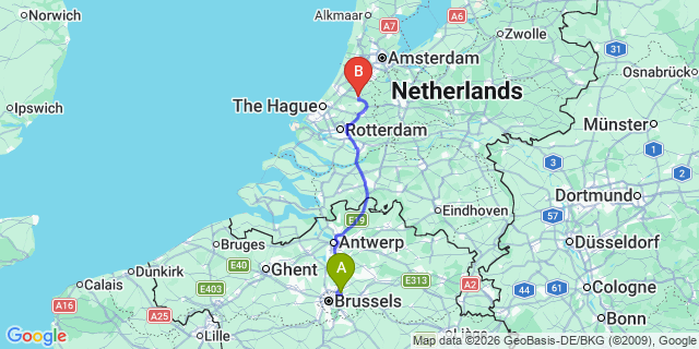 Map: Brussels Zaventem Airport (BRU) to Alphen aan den Rijn