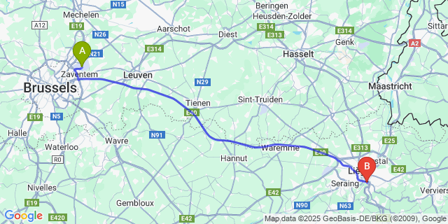Map: Brussels Zaventem Airport (BRU) to Angleur