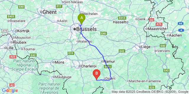 Map: Brussels Zaventem Airport (BRU) to Anthée