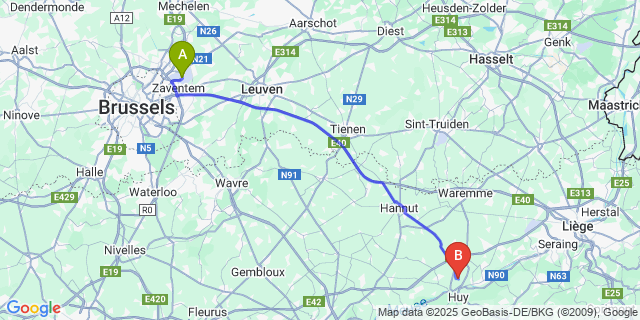 Map: Brussels Zaventem Airport (BRU) to Antheit