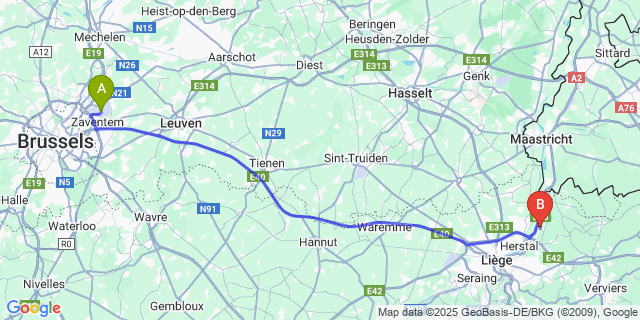 Map: Brussels Zaventem Airport (BRU) to Argenteau