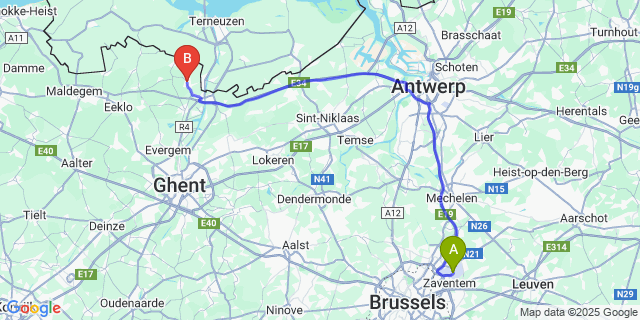 Map: Brussels Zaventem Airport (BRU) to Assenede