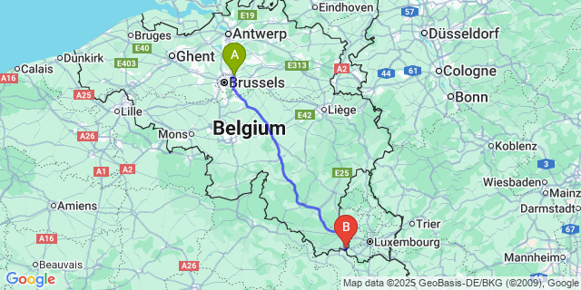 Map: Brussels Zaventem Airport (BRU) to Athus