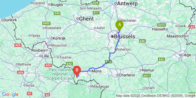 Map: Brussels Zaventem Airport (BRU) to Audregnies