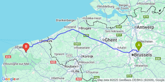 Map: Brussels Zaventem Airport (BRU) to Audruicq
