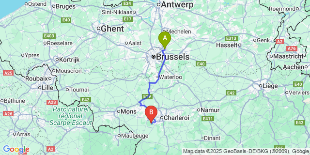 Map: Brussels Zaventem Airport (BRU) to Aulne