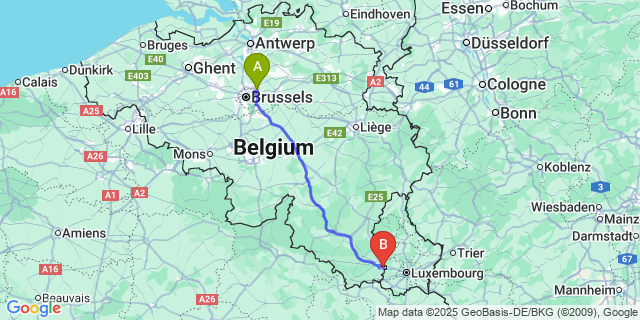 Map: Brussels Zaventem Airport (BRU) to Autelbas-Barnich