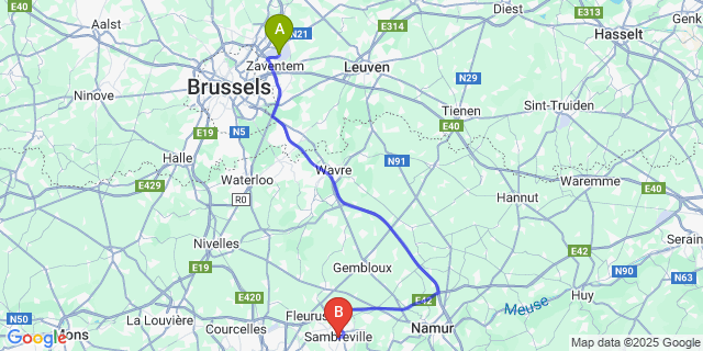 Map: Brussels Zaventem Airport (BRU) to Auvelais