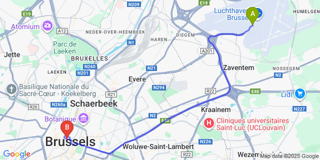 Map: Brussels Zaventem Airport (BRU) to B-aparthotel Grand Place Brussels