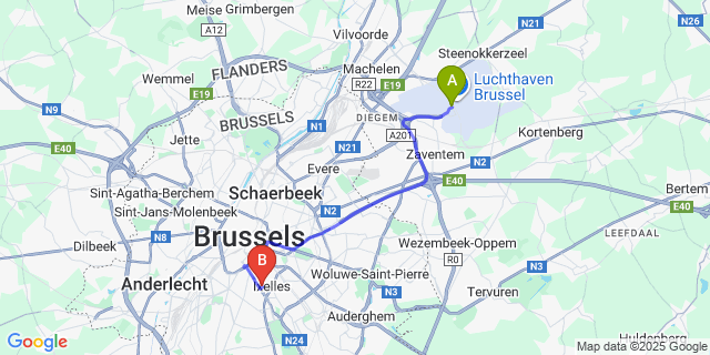 Map: Brussels Zaventem Airport (BRU) to B&B HOTEL Brussels Centre Louise