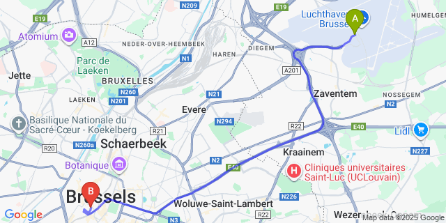 Map: Brussels Zaventem Airport (BRU) to B&B Le Coup De Coeur, Brussels