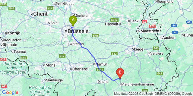 Map: Brussels Zaventem Airport (BRU) to Baillonville