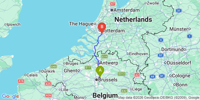 Map: Brussels Zaventem Airport (BRU) to Barendrecht
