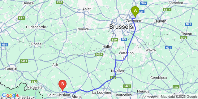 Map: Brussels Zaventem Airport (BRU) to Baudour