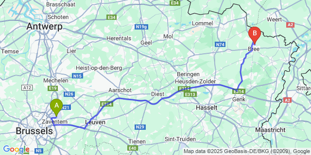 Map: Brussels Zaventem Airport (BRU) to Beek
