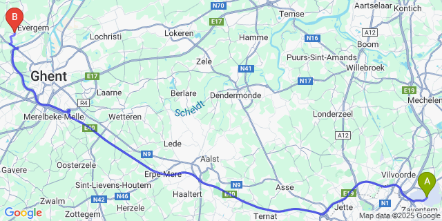 Map: Brussels Zaventem Airport (BRU) to Belzele