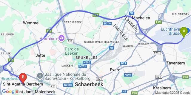 Map: Brussels Zaventem Airport (BRU) to Berchem-Sainte-Agathe