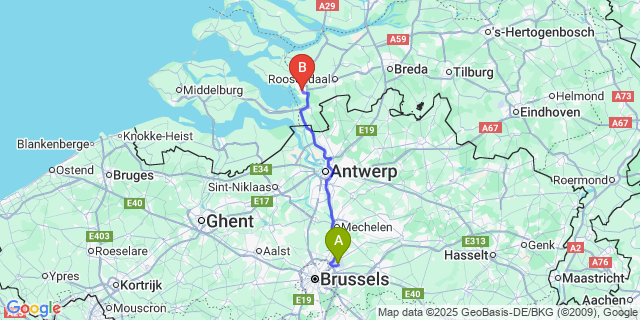 Map: Brussels Zaventem Airport (BRU) to Bergen op Zoom