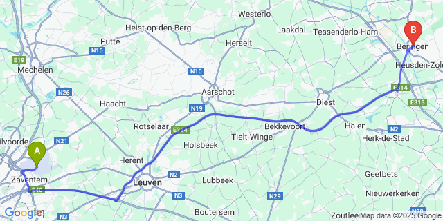 Map: Brussels Zaventem Airport (BRU) to Beringen