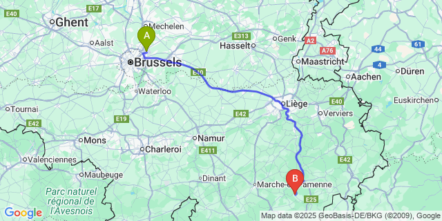 Map: Brussels Zaventem Airport (BRU) to Berismenil