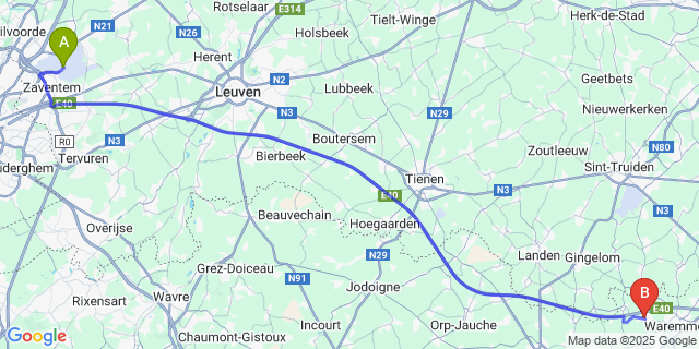Map: Brussels Zaventem Airport (BRU) to Berloz