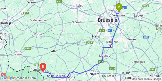 Map: Brussels Zaventem Airport (BRU) to Bernissart