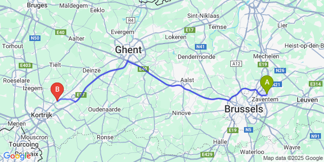 Map: Brussels Zaventem Airport (BRU) to Beveren-Leie