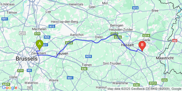 Map: Brussels Zaventem Airport (BRU) to Beverst