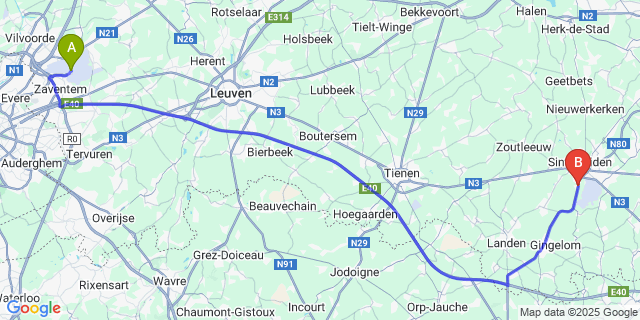 Map: Brussels Zaventem Airport (BRU) to Bevingen