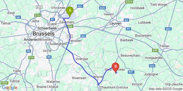 Map: Brussels Zaventem Airport (BRU) to Biez