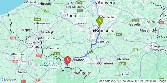 Map: Brussels Zaventem Airport (BRU) to Blaugies