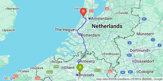 Map: Brussels Zaventem Airport (BRU) to Bloemendaal