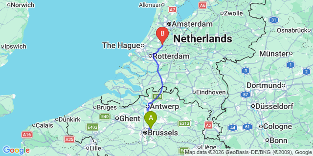 Map: Brussels Zaventem Airport (BRU) to Bodegraven