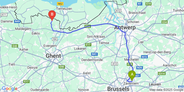 Map: Brussels Zaventem Airport (BRU) to Boekhoute