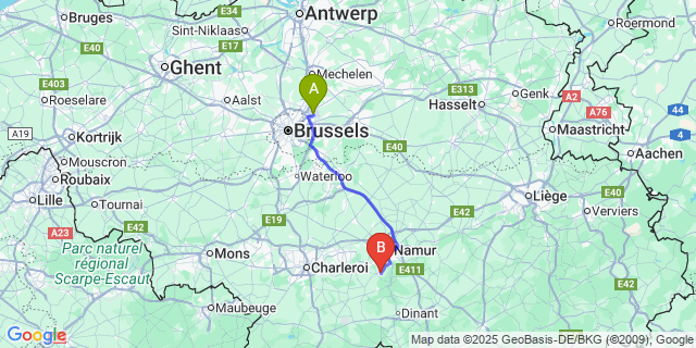 Map: Brussels Zaventem Airport (BRU) to Bois-De-Villers