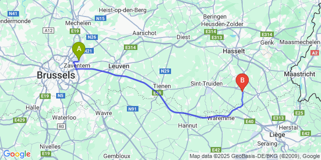 Map: Brussels Zaventem Airport (BRU) to Bommershoven