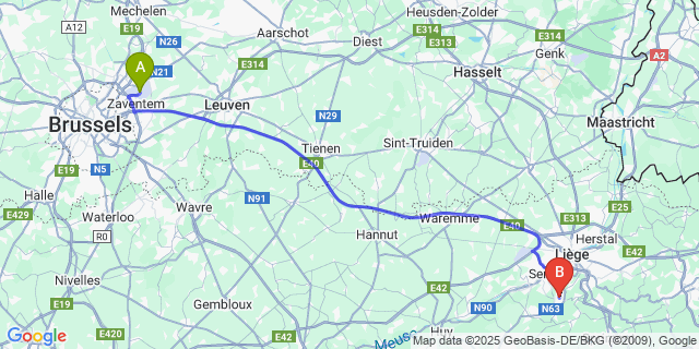 Map: Brussels Zaventem Airport (BRU) to Boncelles
