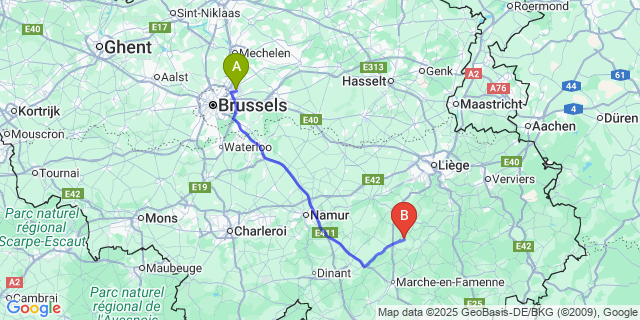 Map: Brussels Zaventem Airport (BRU) to Borlon
