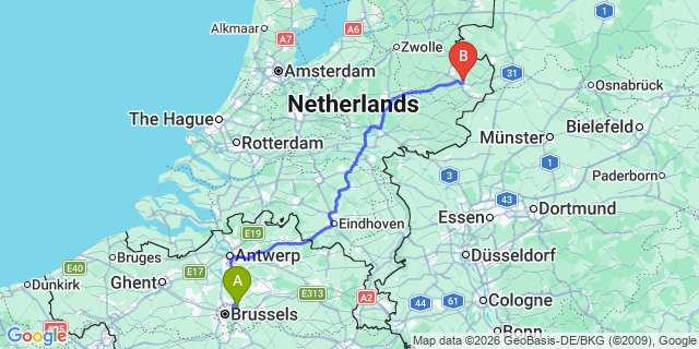 Map: Brussels Zaventem Airport (BRU) to Borne