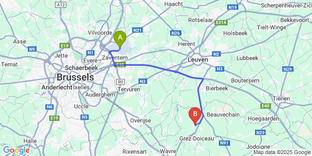 Map: Brussels Zaventem Airport (BRU) to Bossut-Gottechain