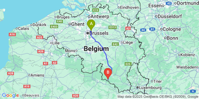 Map: Brussels Zaventem Airport (BRU) to Bouillon