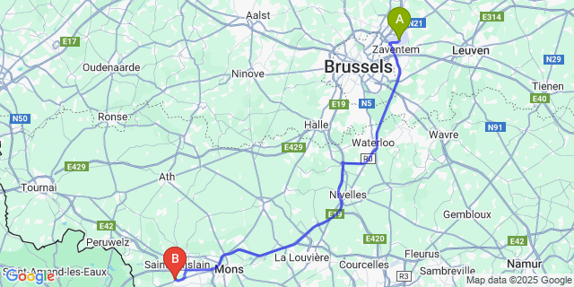 Map: Brussels Zaventem Airport (BRU) to Boussu