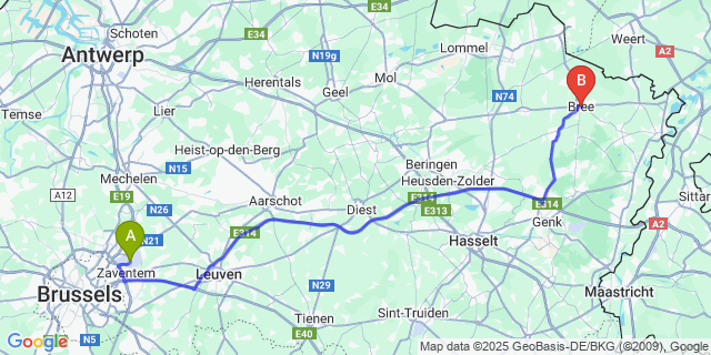 Map: Brussels Zaventem Airport (BRU) to Bree