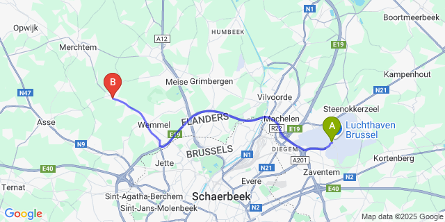 Map: Brussels Zaventem Airport (BRU) to Brussegem