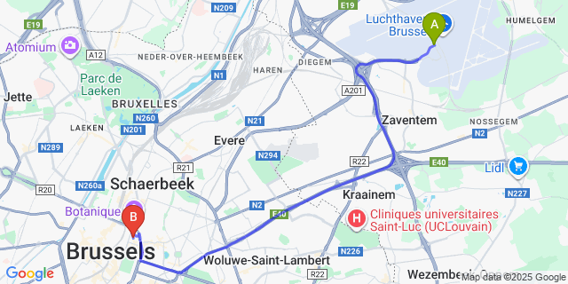 Map: Brussels Zaventem Airport (BRU) to Brussels City Center Apartments, Brussels