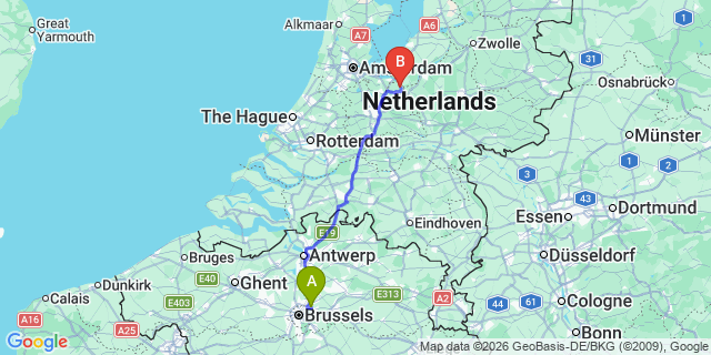 Map: Brussels Zaventem Airport (BRU) to Bunschoten