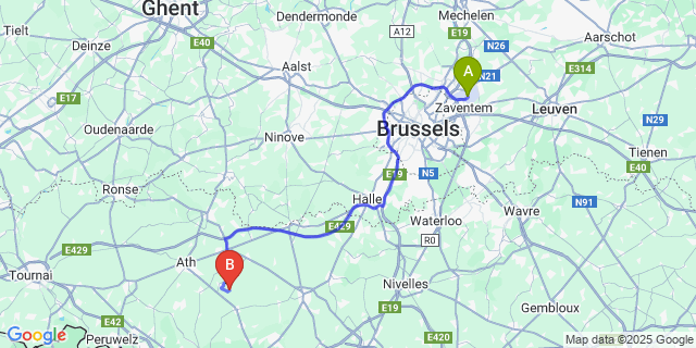 Map: Brussels Zaventem Airport (BRU) to Cambron-Casteau