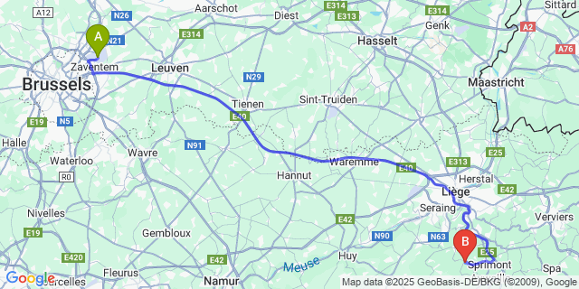 Map: Brussels Zaventem Airport (BRU) to Chanxhe