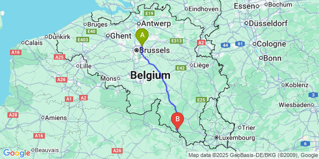 Map: Brussels Zaventem Airport (BRU) to Chassepierre